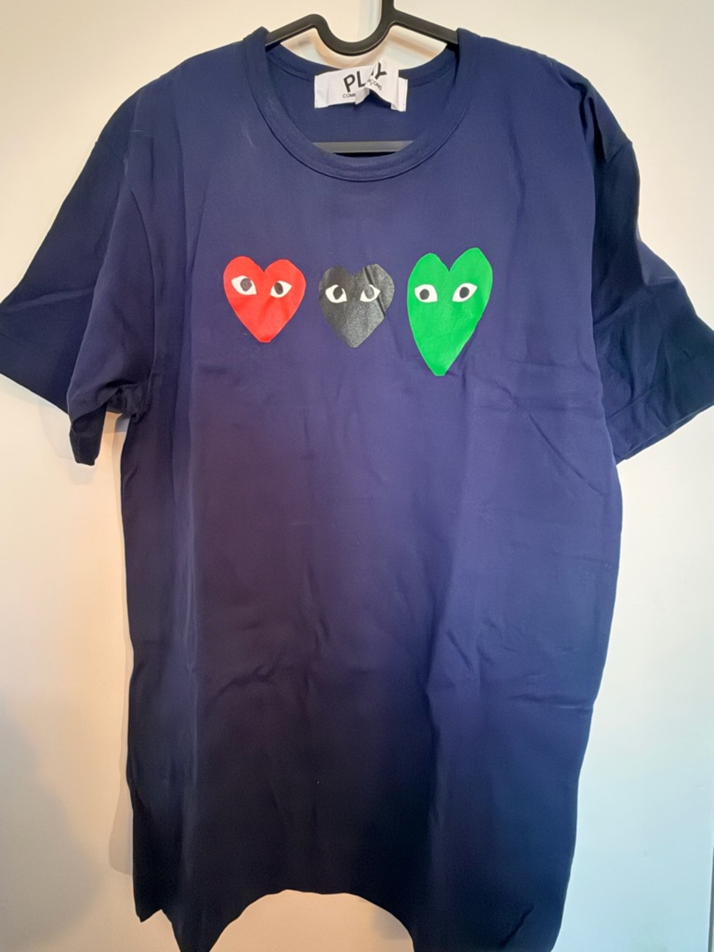 Comme des Garçons Kids Navy Tee with Red, Black & Green Heart Logos